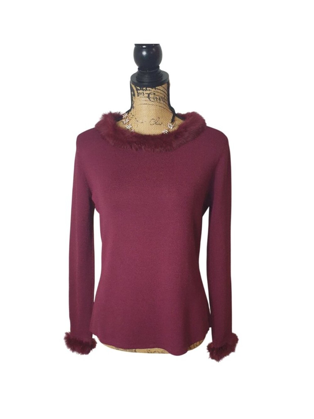Joseph Womens XL Elegant Sweater Faux Fur Burgundy Trim Collar Cuffs Designer